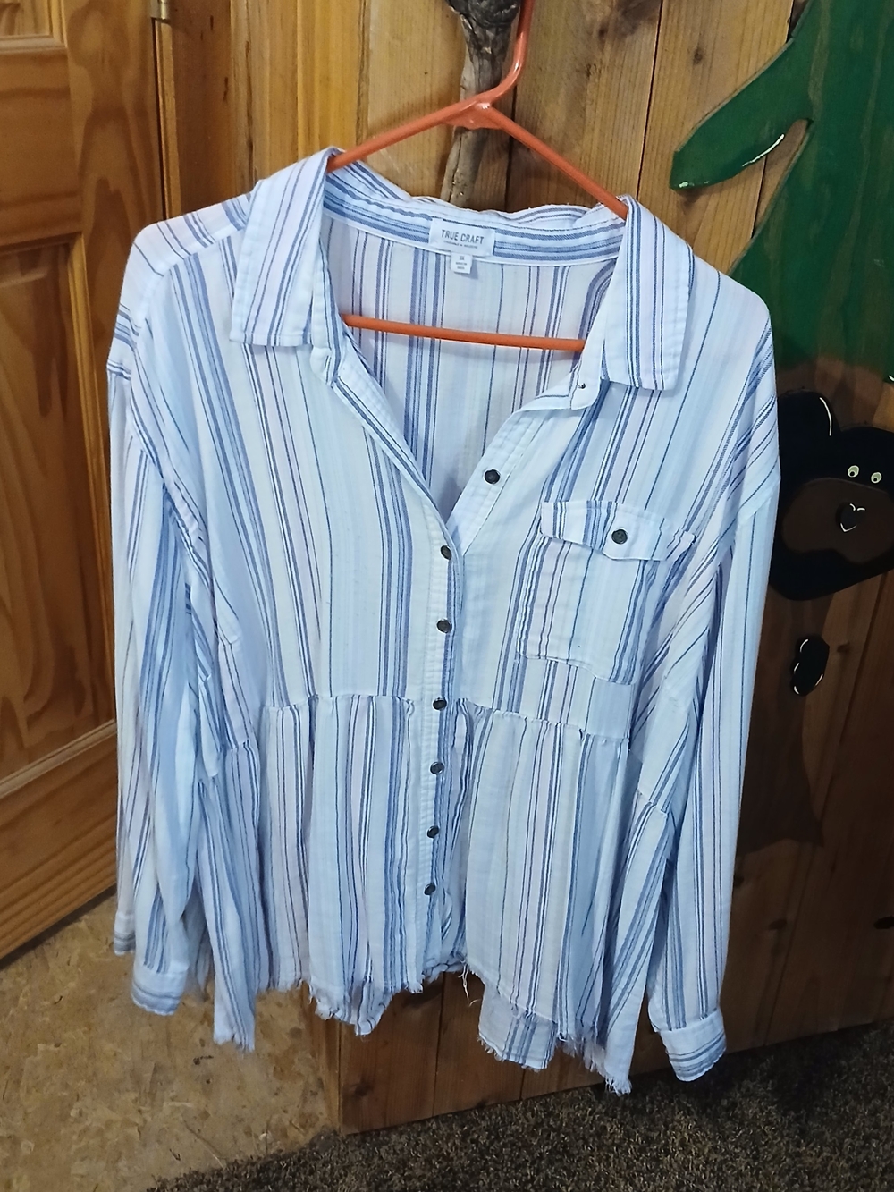 True Craft Blue & White Striped Button-Front Peplum Top
